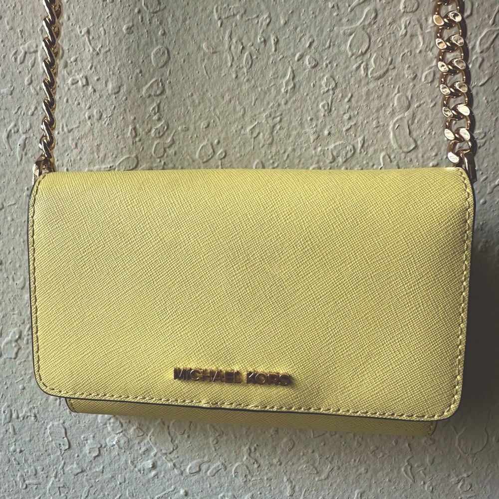Michael Kors Bag Wallet On A Chain Jet Set Crossbody Yellow Leather Gold Chain